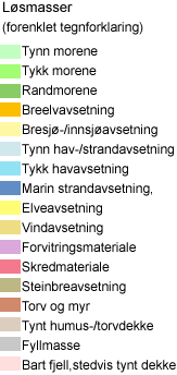Løsmassekart fra NGU sine nettsider, vist over, viser antatte grunnforhold.