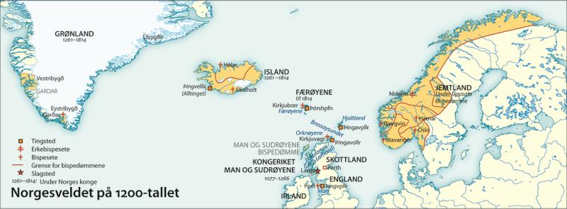 Norgesveldet på 1200-tallet er resultatet utenrikspolitisk I 1261 beskatet den norske kongemakten følgende områder: Shetland, Orknøyene, Hebridene, Isle of Man, Færøyene, Island, Grønland og Jæmtland