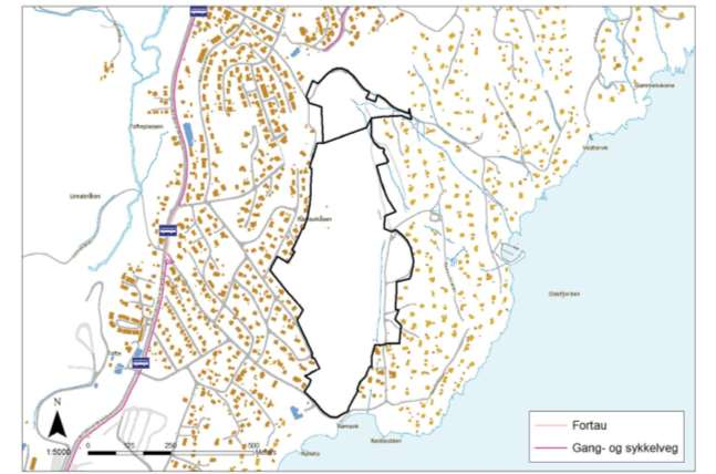 3.9 Samfunnstema: Transportbehov Beskrivelse: Området ligger i 5 600 m avstand fra hovedvei hvor det også går kollektivtrafikk (buss).