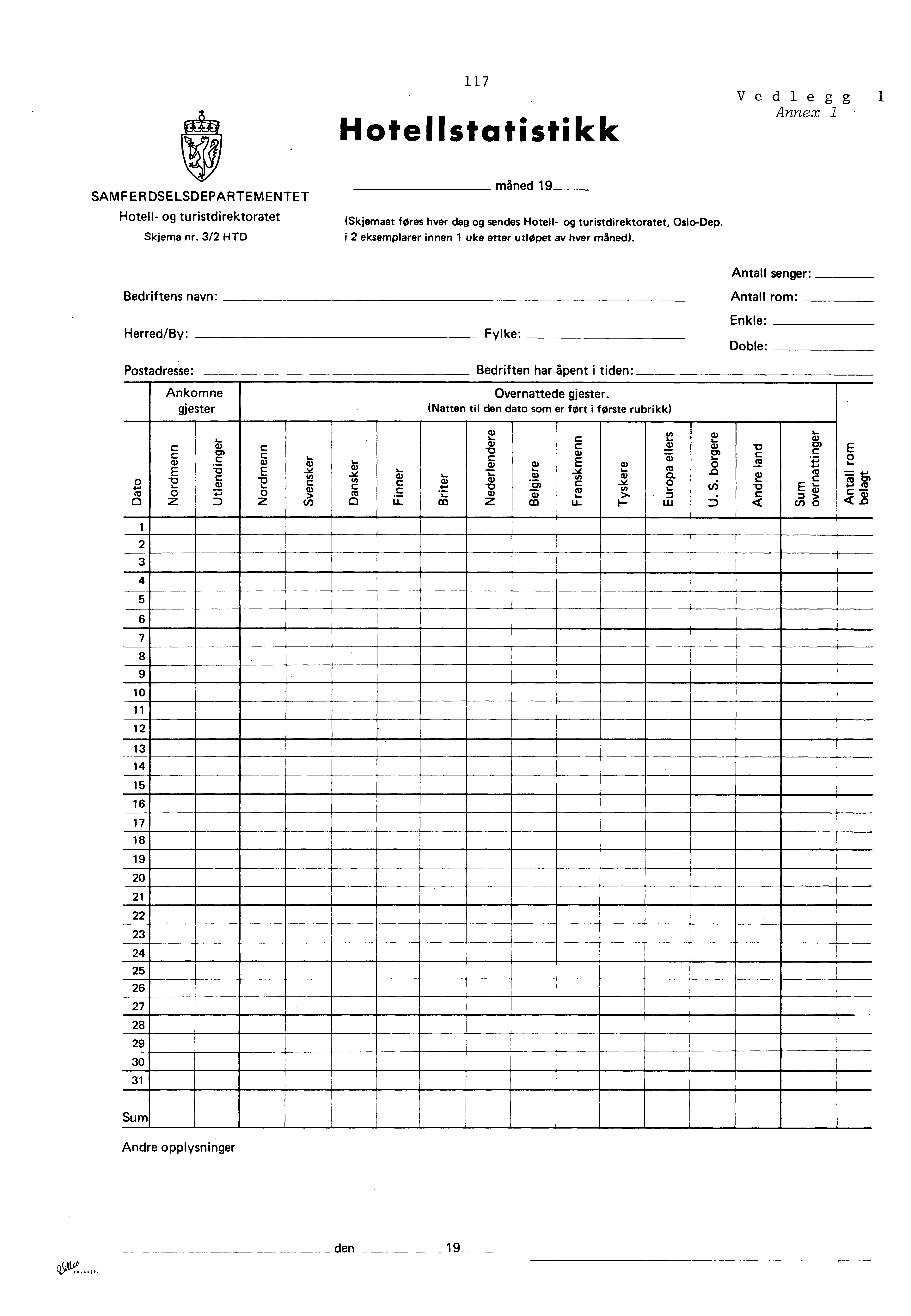 7 Hotellstatistikk Vedlegg Annex SAMFERDSELSDEPARTEMENTET Hotel, og turistdirektoratet Skjema nr. / HTD mned 9 (Skjemaet Wes hver dag og sendes Hotell og turistdirektoratet, OsloDep.