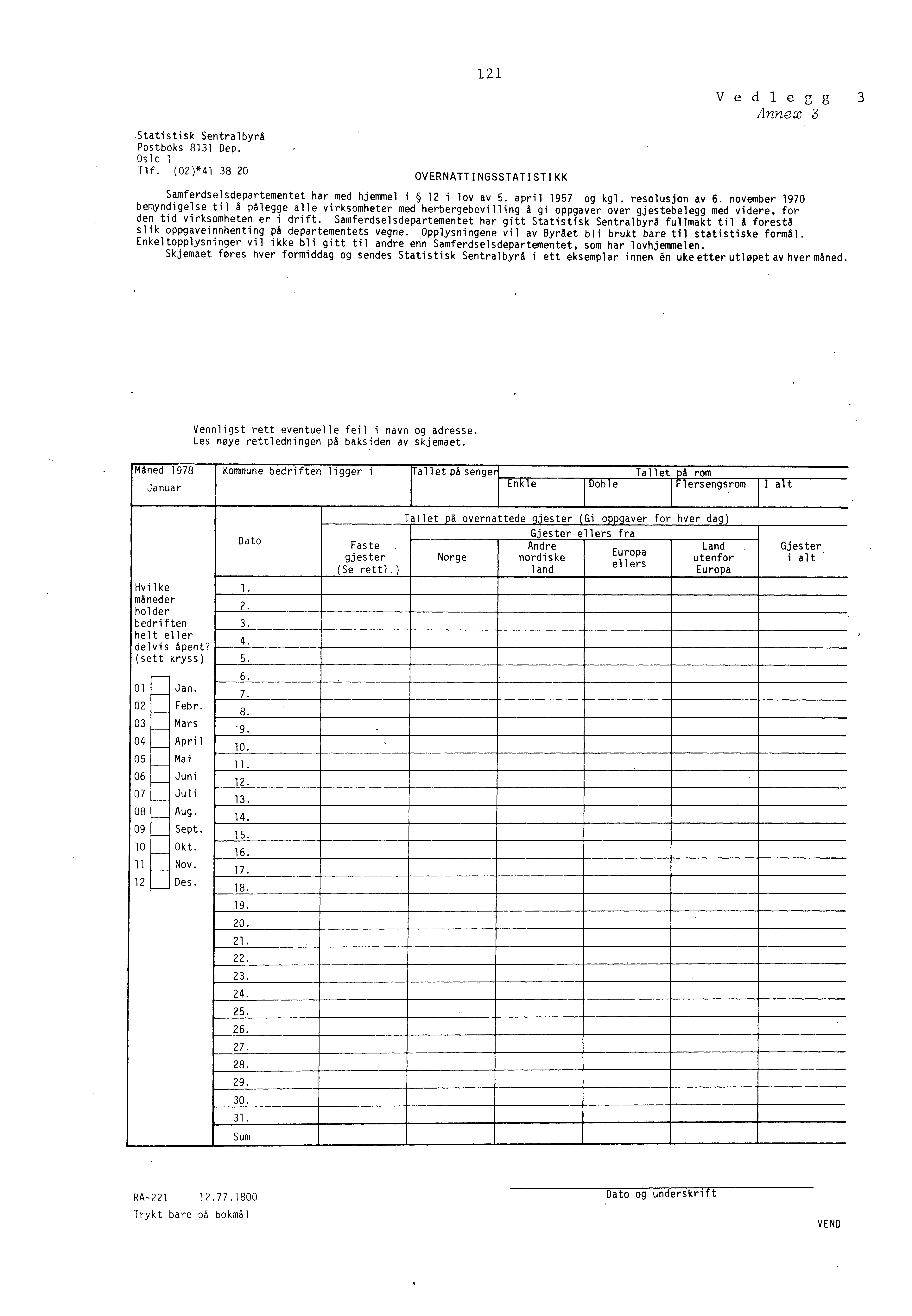 Statistisk SentralbyrA Postboks 8 Dep. Oslo Tlf. (0)*4 8 0 OVERNATTINGSSTATISTIKK Vedlegg Annex Samferdselsdepartementet har med hjemmel i i by av. april 97 og kgl. resolusjon av 6.