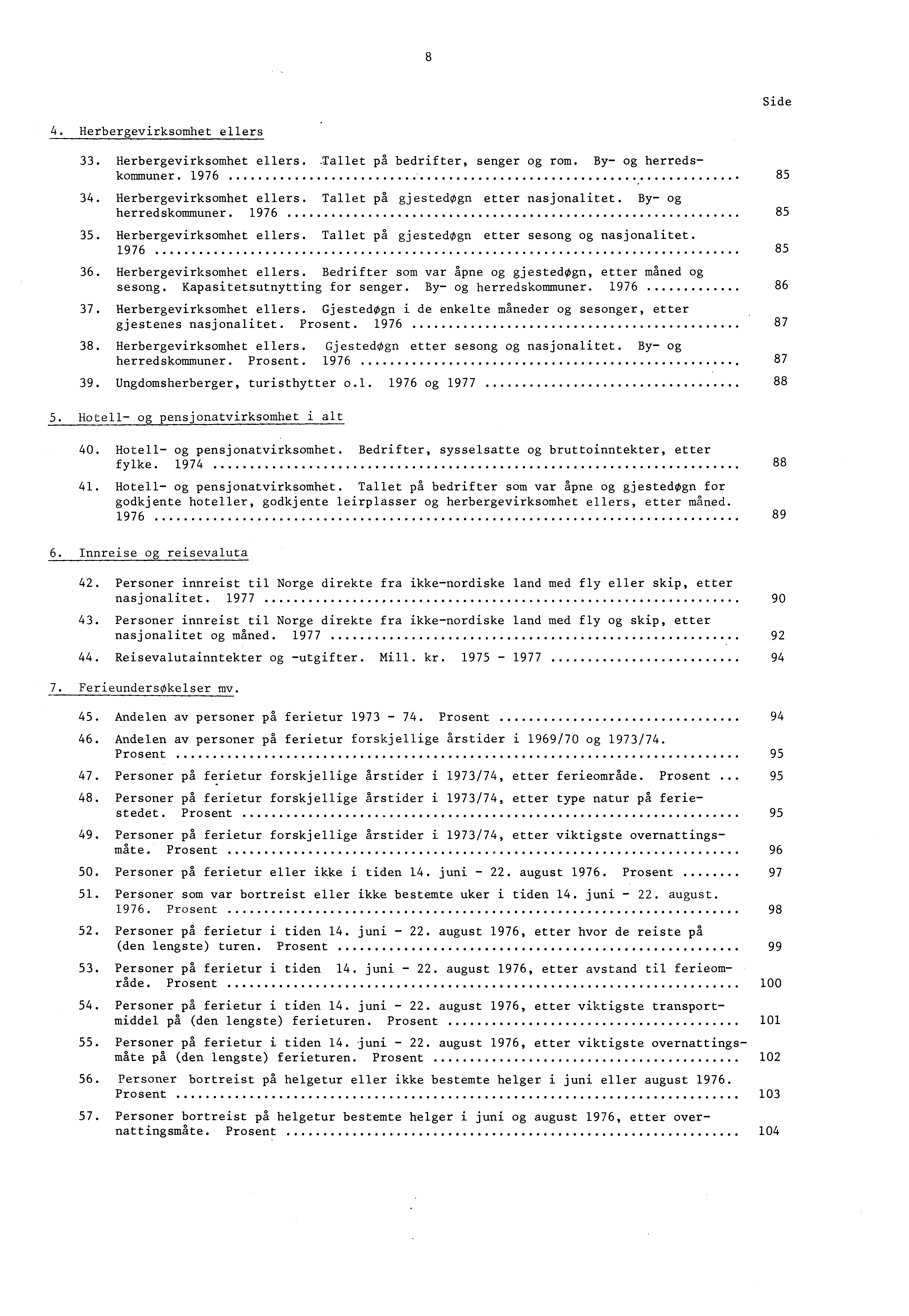 8 Side 4. Herbergevirksomhet ellers. Herbergevirksomhet ellers. Iallet pa bedrifter, senger og rom. By og herredskommuner. 976 8 4. Herbergevirksomhet ellers. Tallet pa gjestedogn etter nasjonalitet.