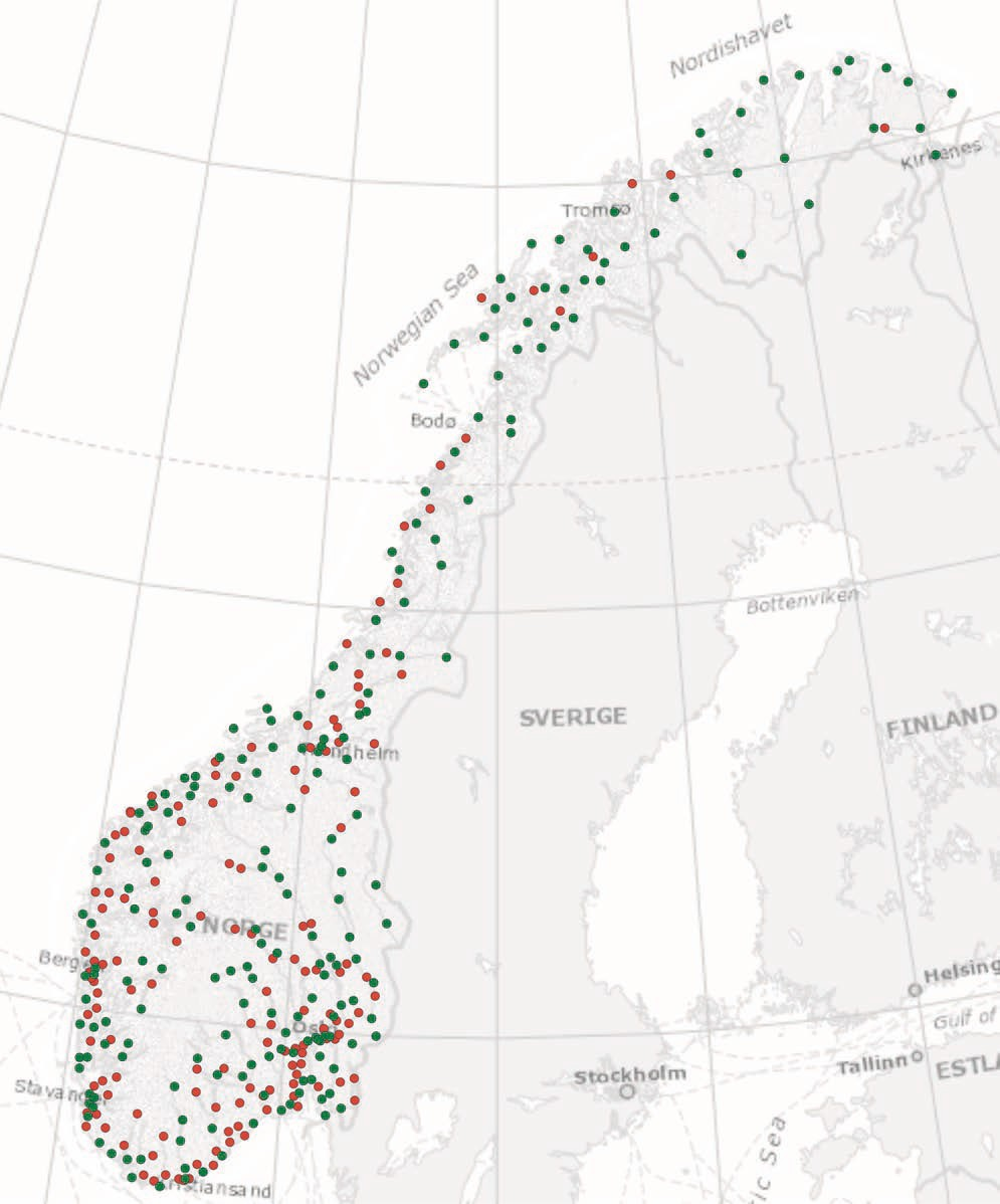 Pilene viser til tenestestadene i Sauda og Suldal som begge er markert med grønne sirklar. Det vil seia at utvalet meiner desse tenestestadene må oppretthaldast og utviklast.