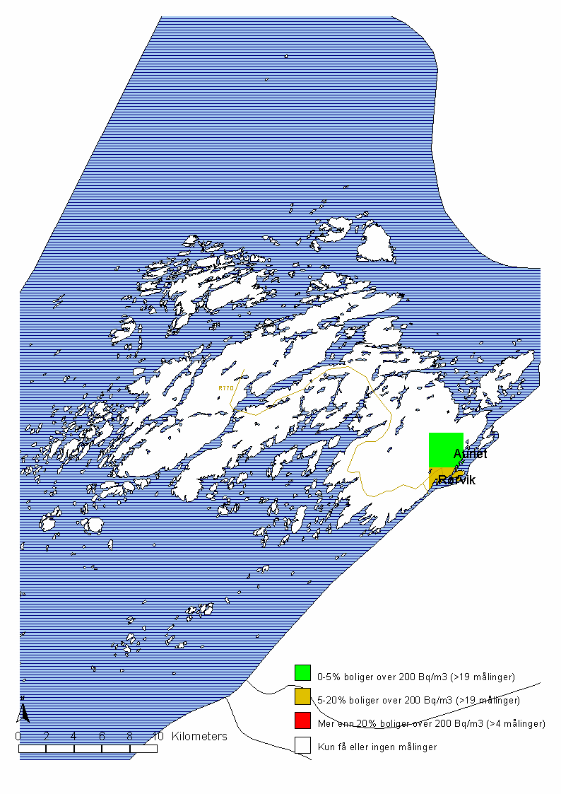 for at en bolig innenfor skravert område har forhøyde radonkonsentrasjoner. Figur 1 viser områdekart for Vikna kommune.