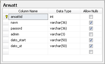 5.3.6 Ansatt tabellen Ansatt tabellen inneholder brukernavn og passord på ansatte og om disse har administrator rettigheter eller ikke. Figur 15.
