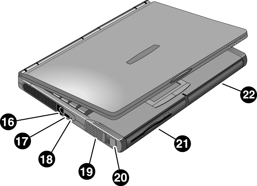 Bli kjent med OmniBook Innholdsoversikt 9. Dempeknapp 10. VS-adapterplugg 11. Lydplugger (venstre mot høyre): lydlinje inn, ekstern mikrofon, lydlinje ut 12.