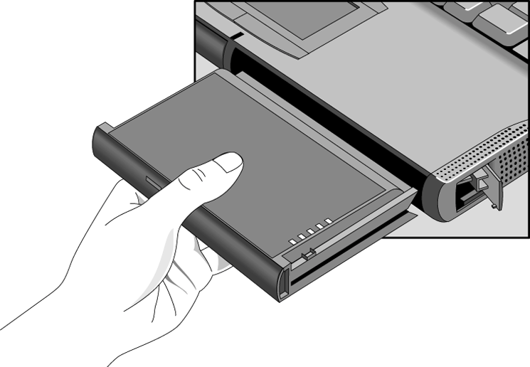 Bruke batteristrøm Overvåke batteristrøm 5. Ta tak under batteriet og dra det ut. Tips 6. Mens låsen er åpen skyver du det oppladede batteriet inn i OmniBook inntil det er på linje med enheten. 7.