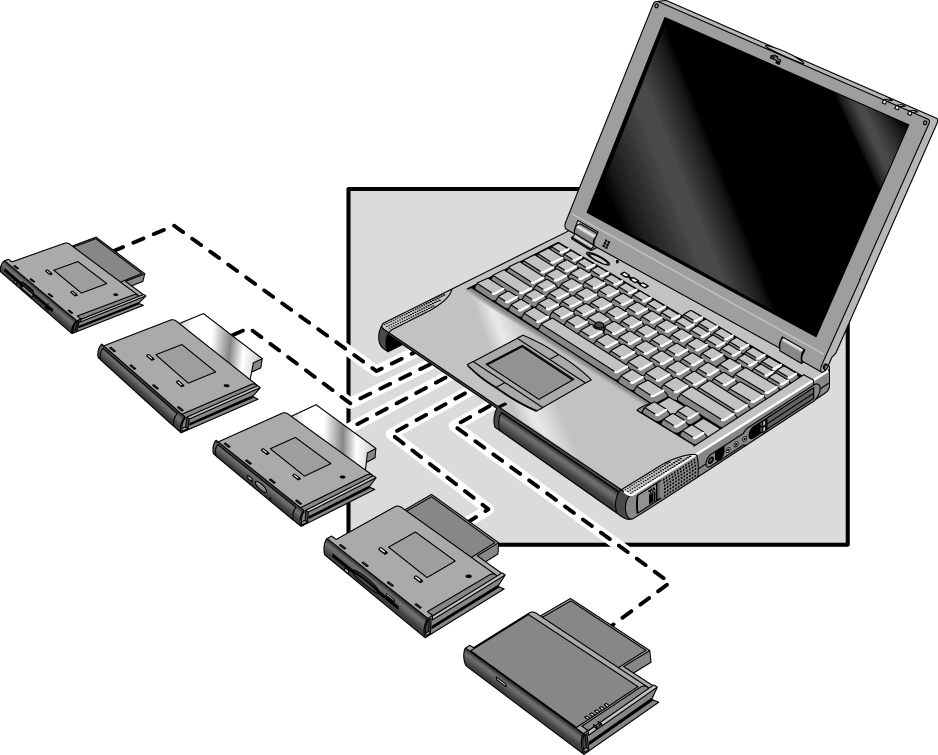 Etablere forbindelser Bruke OmniBook-innpluggingsmoduler Bruke OmniBook-innpluggingsmoduler Rommet for innpluggingsmoduler kan ta en CD-ROM-, diskett-, LS-120- eller DVDstasjon, et ekstra batteri