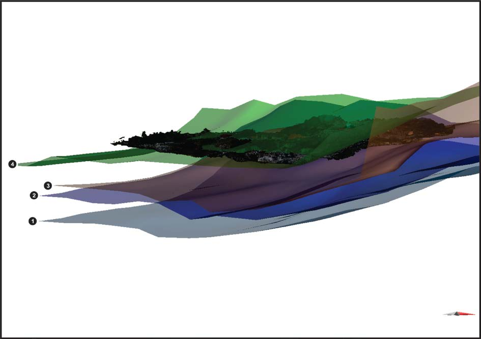 Figur 13: Bilde fra 3D MOVE som viser de 3D-modellerte bergartskontaktene. 1- Bunnen av dolomitten.