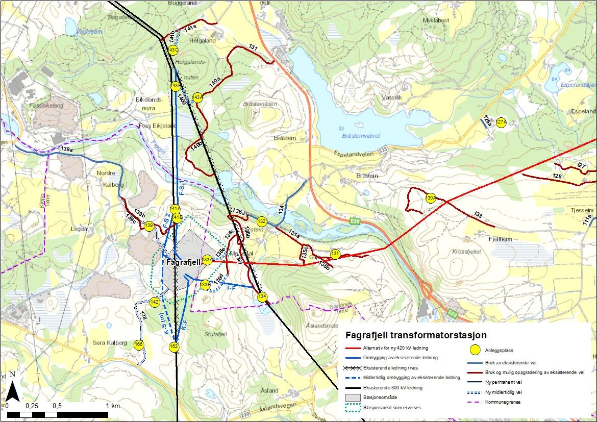 Tilleggssøknad Lyse - Fagrafjell esember 2016 Figur 7: Omsøkt Fagrafjell transformatorstasjon med ny 420 kv ledning, midlertidig og permanente omlegginger av eksisterende 300 kv ledninger, og veier