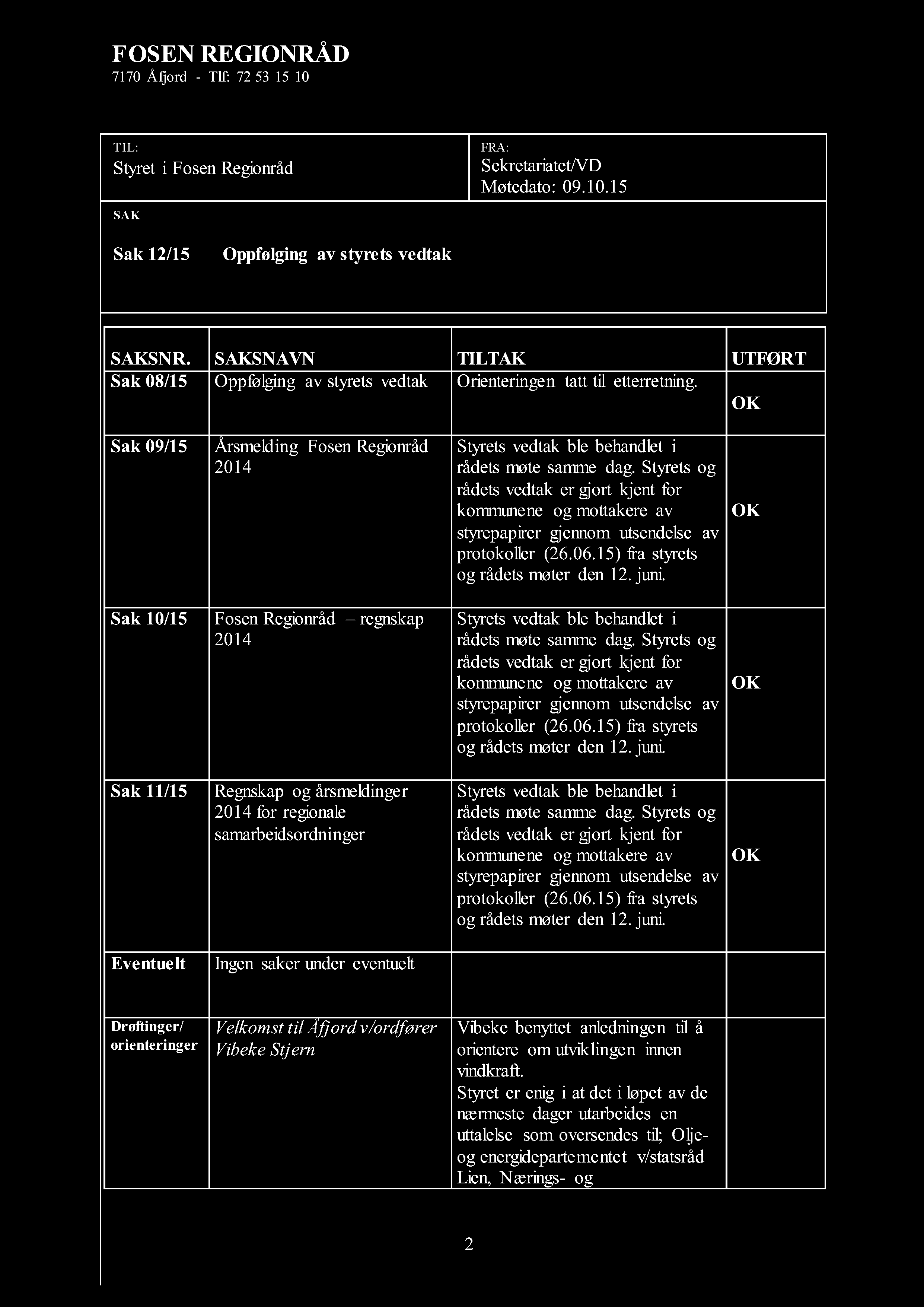 FOSEN REGIONRÅD 7170 Åfjord - Tlf: 72 53 15 10 TIL: Styret i Fosen Regionråd SAK FRA: Sekretariatet/VD Møtedato: 09.10.15 Sak 12/15 Oppfølg ing av styrets vedtak AC SAKSNR.
