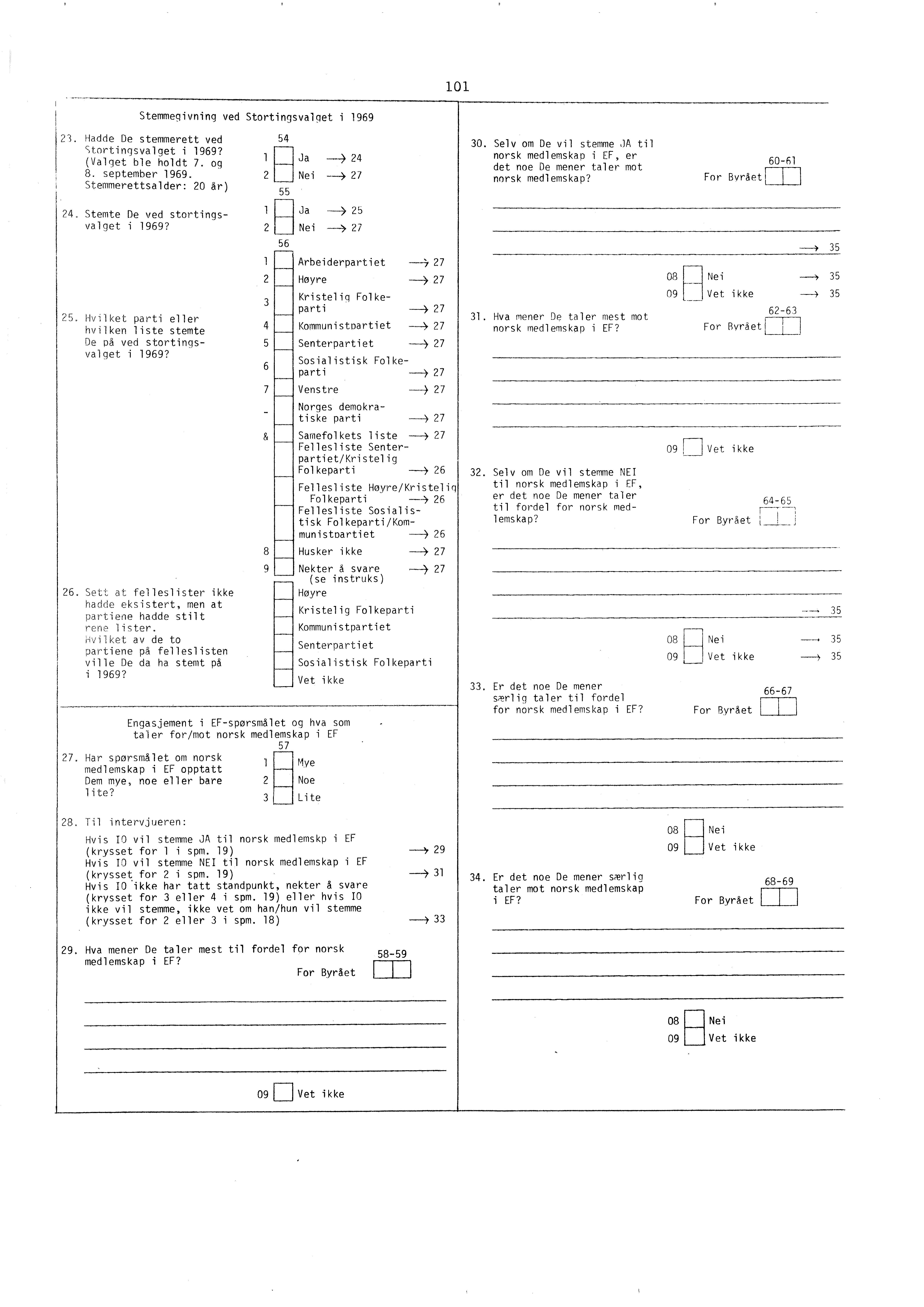 101 Stemmegivning ved Stortingsvalget i 1969 23. Hadde De stemmerett ved 54 Q,tortingsvalget i 1969? (Valqet ble holdt 7. og Ja 24 8. september 1969. 2 Nei 27 Stemmerettsalder: 20 Ar) 55 24.