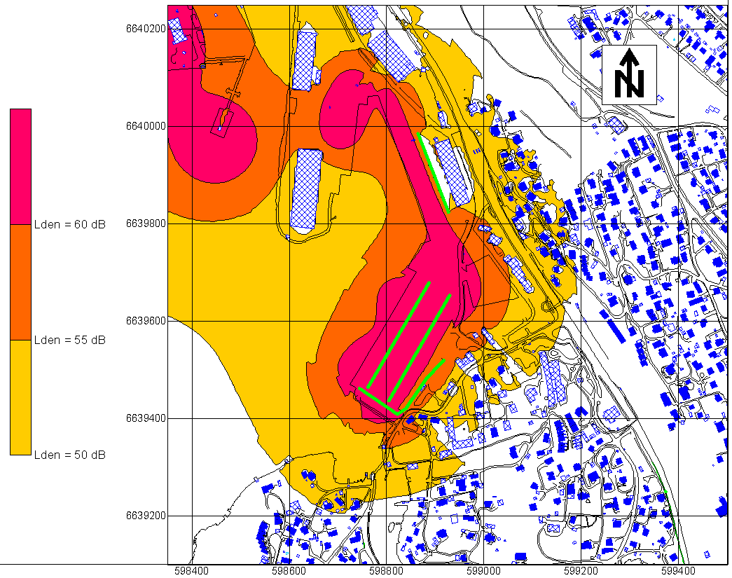 VEDLEGG B. Støy i et årsmidlet døgn Figur 2. Beregnet Lden fra Ormsund-Sjursøya i år 2008. Døgn med gjennomsnittlig aktivitetsnivå. Beregningshøyde 4 m, frittfelt.