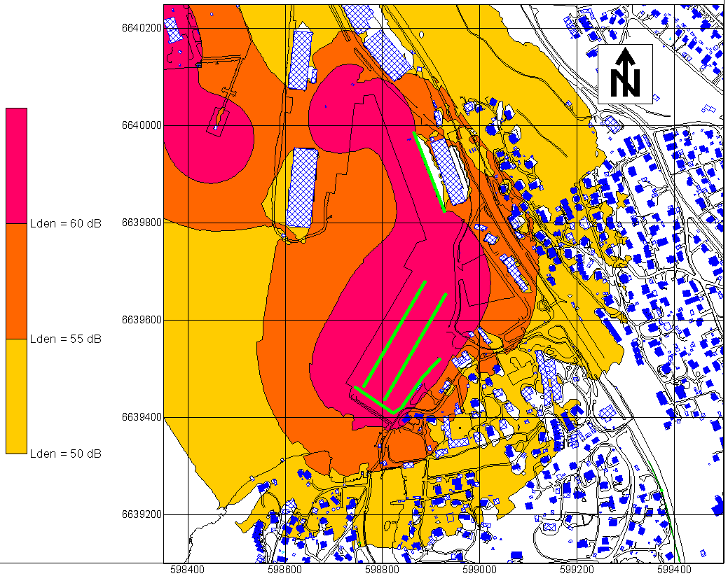 VEDLEGG D. Støy i døgn med høyeste aktivitetsnivå Figur 4. Beregnet Lden fra Ormsund-Sjursøya i år 2008. Døgn med antatt høyeste aktivitetsnivå.