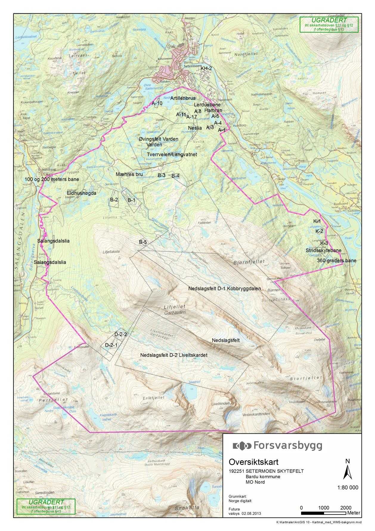 Figur 1: Kartet viser oversikt over aktuelle skytebaner i Setermoen SØF og