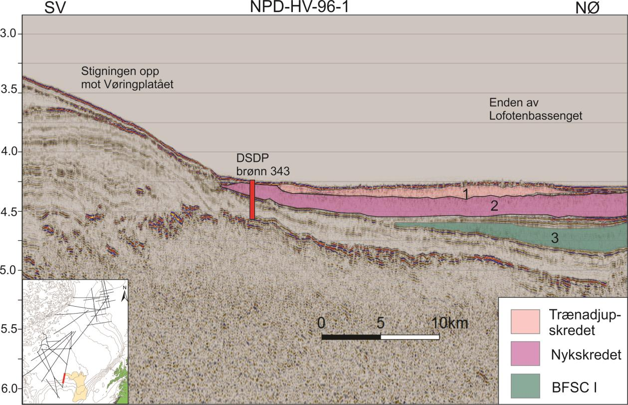 Kapittel 5 Diskusjon Ved DSDP brønn 343 er det observert tre lagpakker, Skred 1, 2 og 3, med akustisk kaotisk karakter (Fig. 4.29, Fig. 5.7).