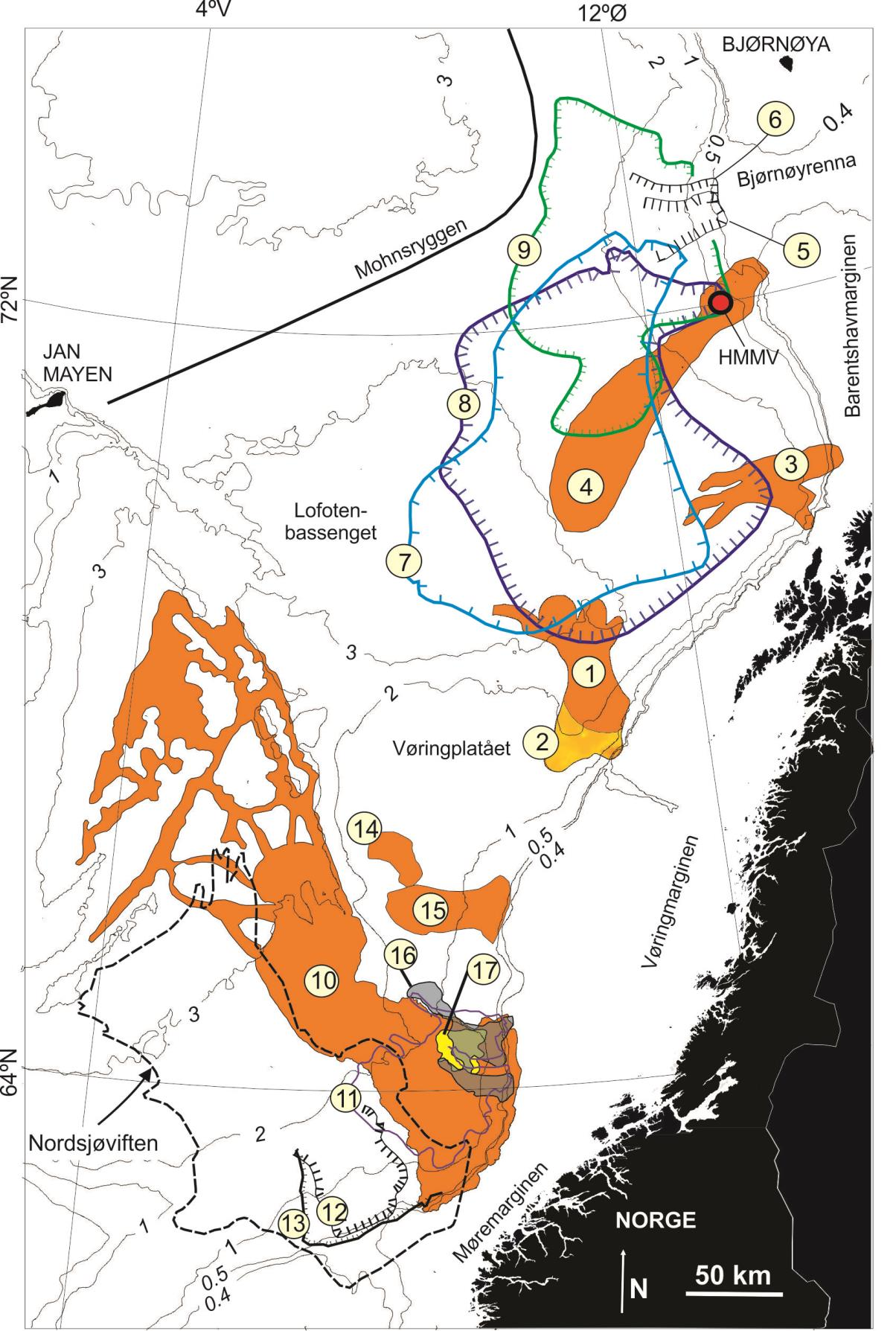 Kapittel 2 Geologisk rammeverk Figur 2.8. Oversikt over skred på Norske- og Barentshavmarginen.