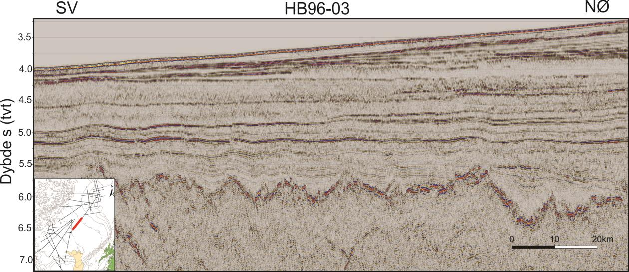 Kapittel 3 Datagrunnlag og metoder Figur 3.2. Typisk seismisk kvalitet på de seismiske profilene i Lofotenbassenget og på kontinentalskråningen til Barentshavet.