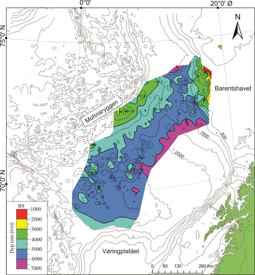 Kapittel 4 Resultater Havbunnsskorpereflektor R8. Reflektor R8 definerer toppen av havbunnskorpen og dermed nedre grense av hele den sedimentære lagpakken som er kartlagt i studieområdet.