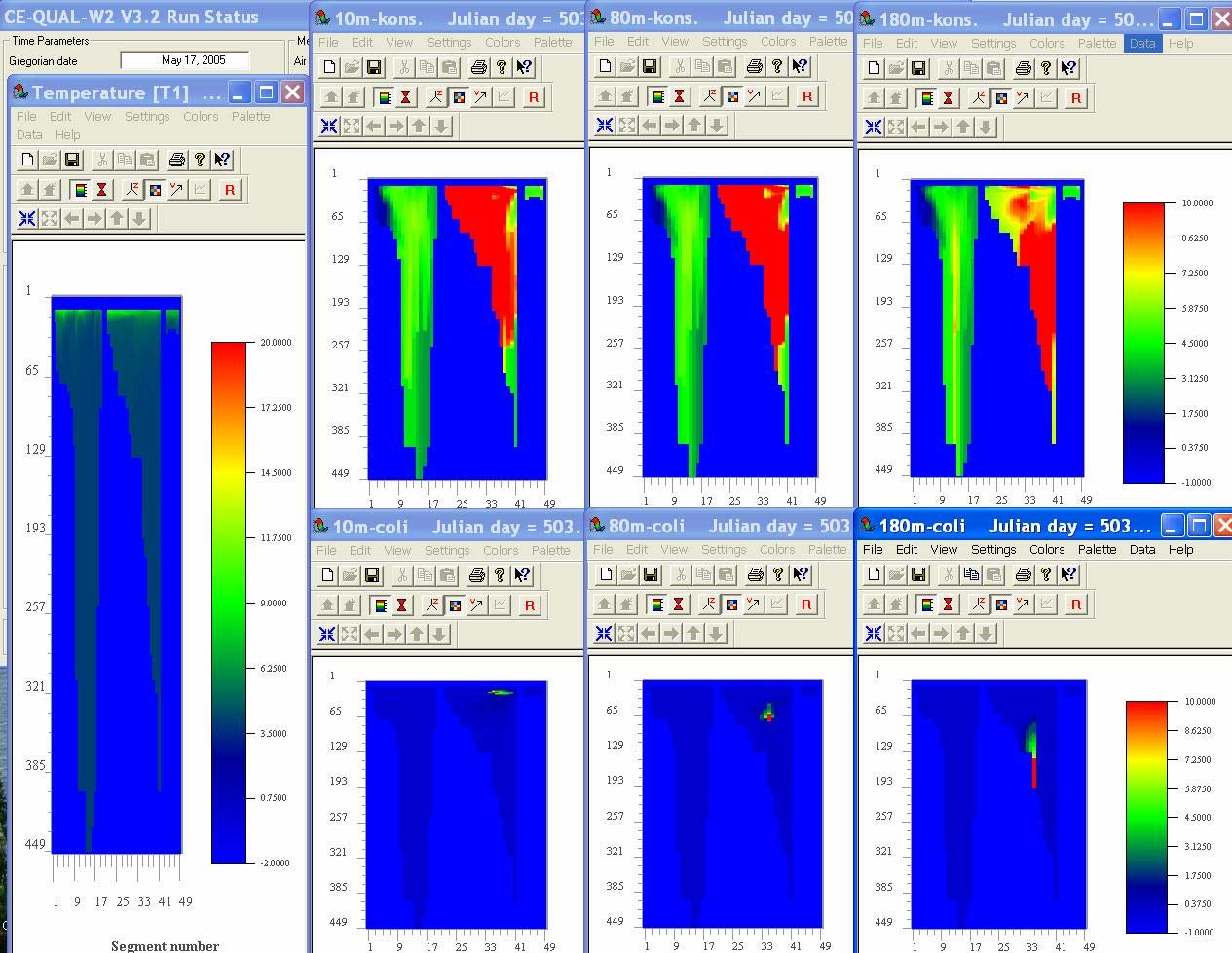 Figur 26. Simulerte resultater 17. mai 2005 17. mai 2005 var temperaturene i overflaten økt til ca. 10 o C med tilhørende mer stabile forhold der, Figur 26.