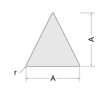 Figur 2 Skilt med trekantet form. Tabell 3 Mål for skilt med trekant form. Størrelse Grunnlinje / høyde A (mm) LS 0 600 LS 1 1000 MS 1500 SS 2000 Hjørneradius r (mm) A x 3/100 3.