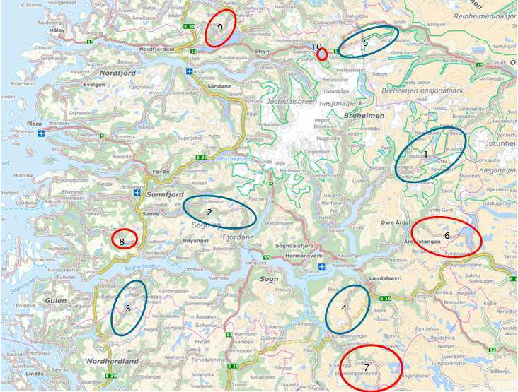 Oversiktskart Kart som syner oversikt over vegar som er vinterstengde i dag (blått), og vegar som kan stengast om vinteren (raudt): 1. Fv. 55 Sognefjellet 2. Fv. 13 Gaularfjellet 3. Fv. 92 Bjordal Matre 4.