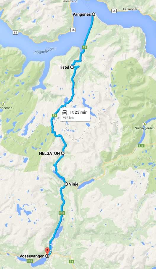 Side 2 av 3 - Frå Vossevangen til Vangsnes er det 79,6 km med ei berekna reisetid 1 t og 23 min. - Frå Vangsnes til Tistel i Vik er det 16,5 km med ei berekna reisetid 18 min.
