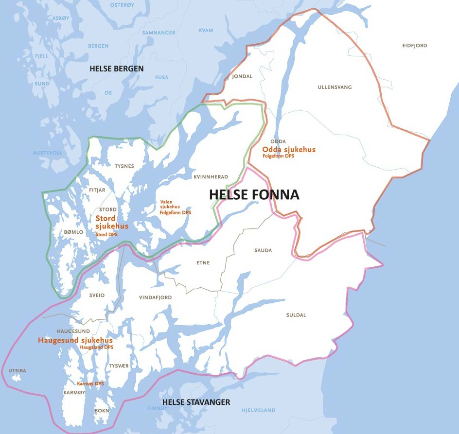 Figur 5. Sjukehus/opptaksområde i Helse Fonna Hovudfunksjonar ved Haugesund sjukehus Haugesund sjukehus har eit vidt spekter av spesialisthelsetenester, og er eit stort akuttsjukehus, jf.