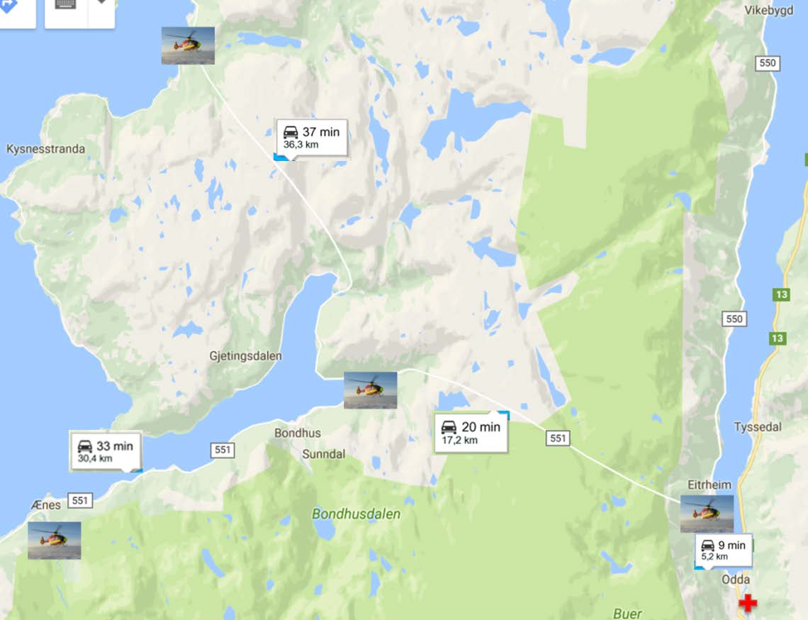 Landingsforhold ved Odda sjukehus Luftambulansen landar som regel på Eitrheim når vêrforholda tillèt det, eventuelt direkte på skadestaden. Det er ca. 5 kilometer frå Odda sjukehus.