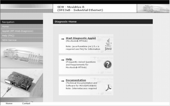 Integrert webserver Utforming av startsiden til MOVIDRIVE MDX61B med opsjon DFS21B 10 10.