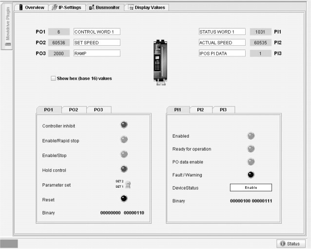 10 Integrert webserver Diagnostikk-applets struktur Eksempel: Plugin Busmonitor for MOVIDRIVE Til visning av prosessdata mellom styringen og