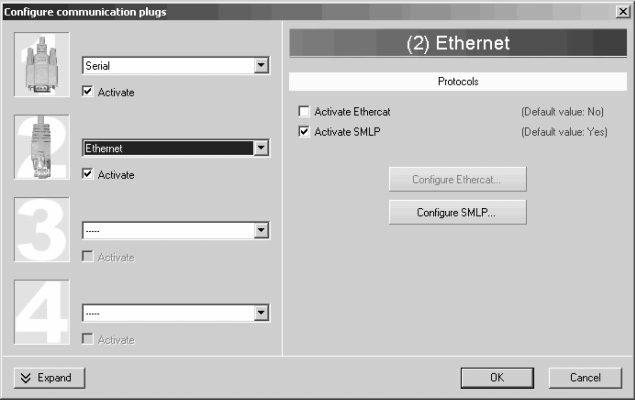 Tildel det nye nettverket et navn og bekreft innstillingen. Hovedskjermen åpnes, og vinduet "Configure communication plugs" åpnes.