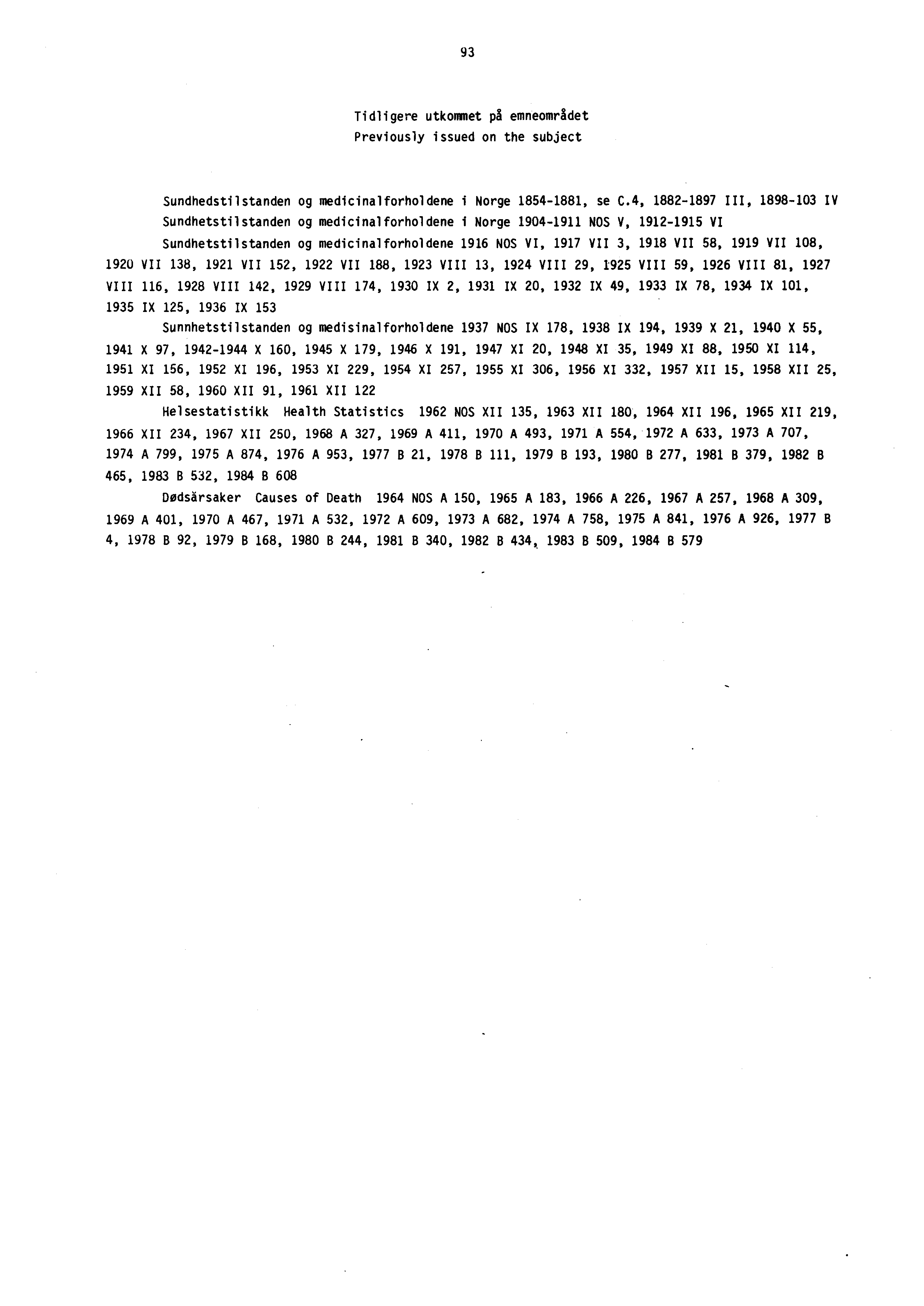 93 Tidligere utkommet på emneområdet Previously issued on the subject Sundhedstilstanden og medicinalforholdene i Norge 85488, se C.