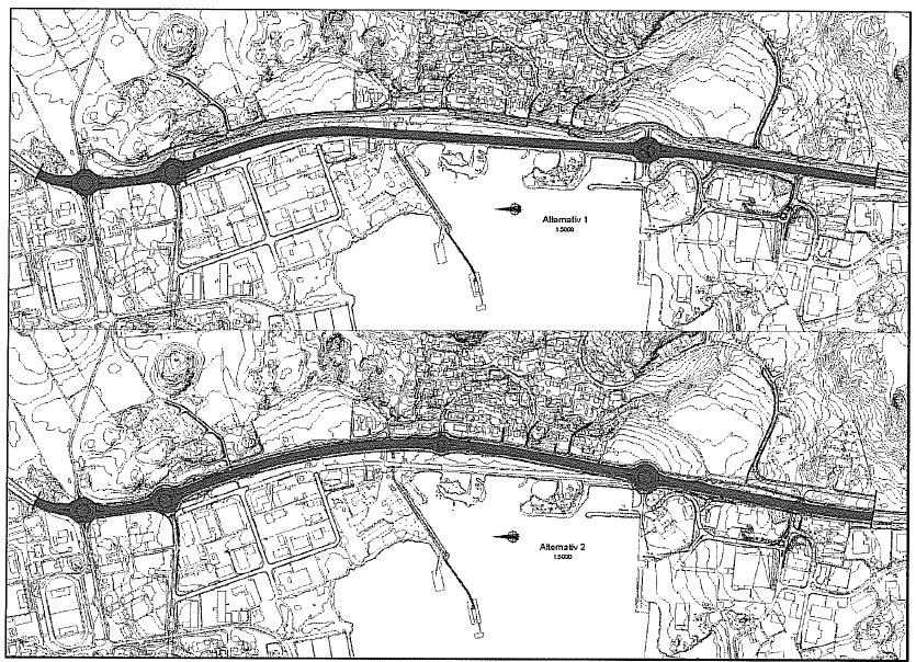 Figur 1: Alternative veitraséer of rv 509 forbi Snøde. Fra planbeskrivelsen for kommunedelplanen. Alternativ 1 øverst, alternativ 2 nederst.