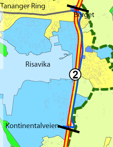 Figur 2: Utsnitt fra plankartet for endelig vedtatt kommunedelplan for Risavika. Regionalplan for Transportkorridor vest ble vedtatt av Fylkestinget i 2011.