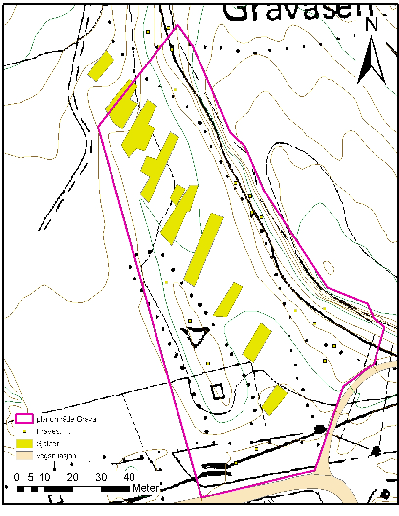 Økonomisk kartverk med oversikt over prøvestikk og sjakter innenfor planområdet AUTOMATISK FREDETE KULTURMINNER Det ble påvist fire kokegroper på flaten