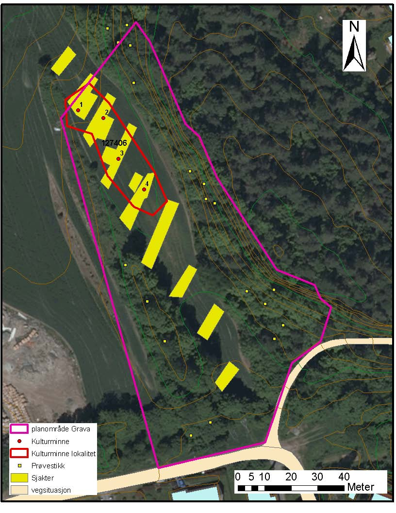 Flyfoto med oversikt over sjakter og prøvestikk, samt kulturminnene som ble avdekket under registreringen LOKALITET ID 127406 De