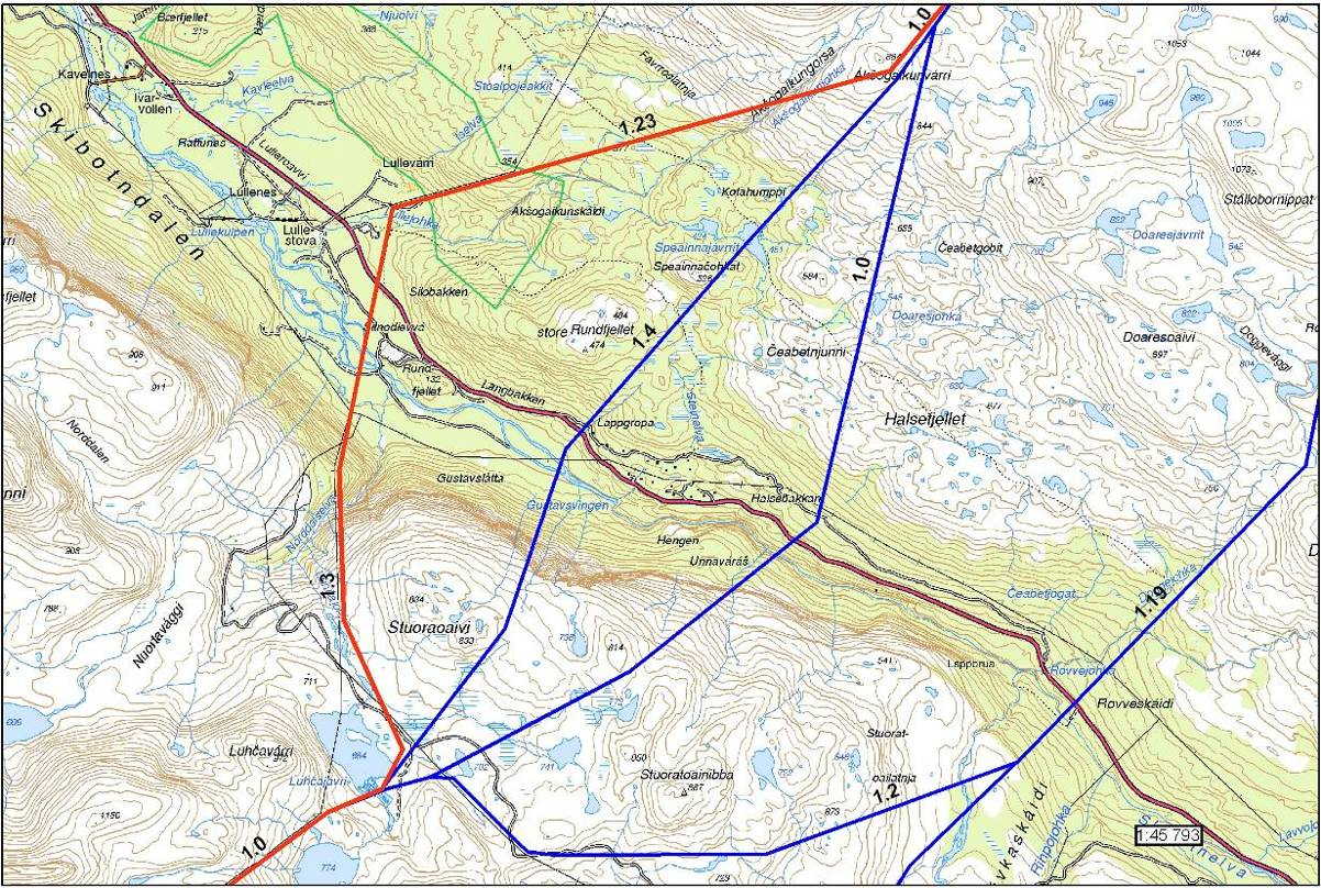 420 kv Balsfjord Hammerfest Figur 8: Alternativ 1.0 1.23 1.0 ved kryssing av Skibotndalen (rød sterk). Andre alternativer er vist med rød strek.