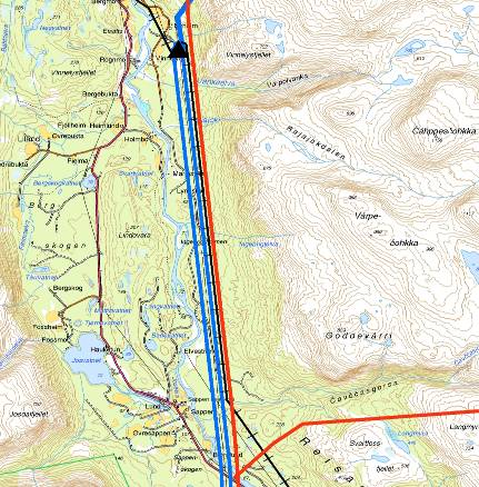 Traséalternativene for planlagt 420 kvledning er vist med rød strek.