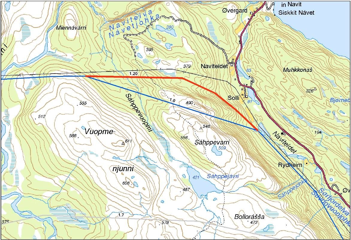 420 kv Balsfjord Hammerfest Figur 15: Alternativ delstrekning 1.20 er vist med rød strek. Traséalternativ 1.0 er vist med blå strek.