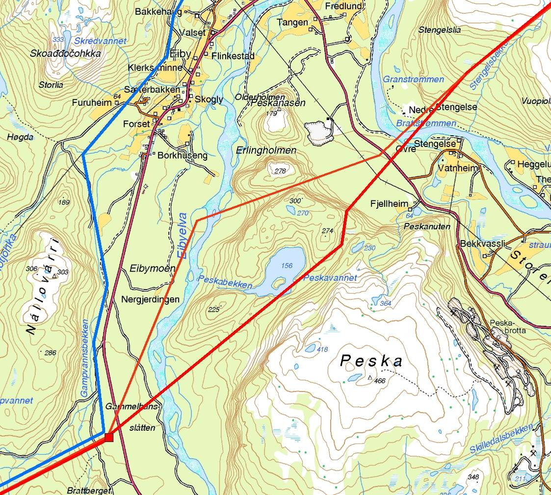 420 kv Balsfjord - Hammerfest Alternativ 1.8 1.0 Som et alternativ til trasé 1.8.1 kan planlangt 420 kv-ledning legges etter traséalternativ 1.8 ut fra Eibymoen.