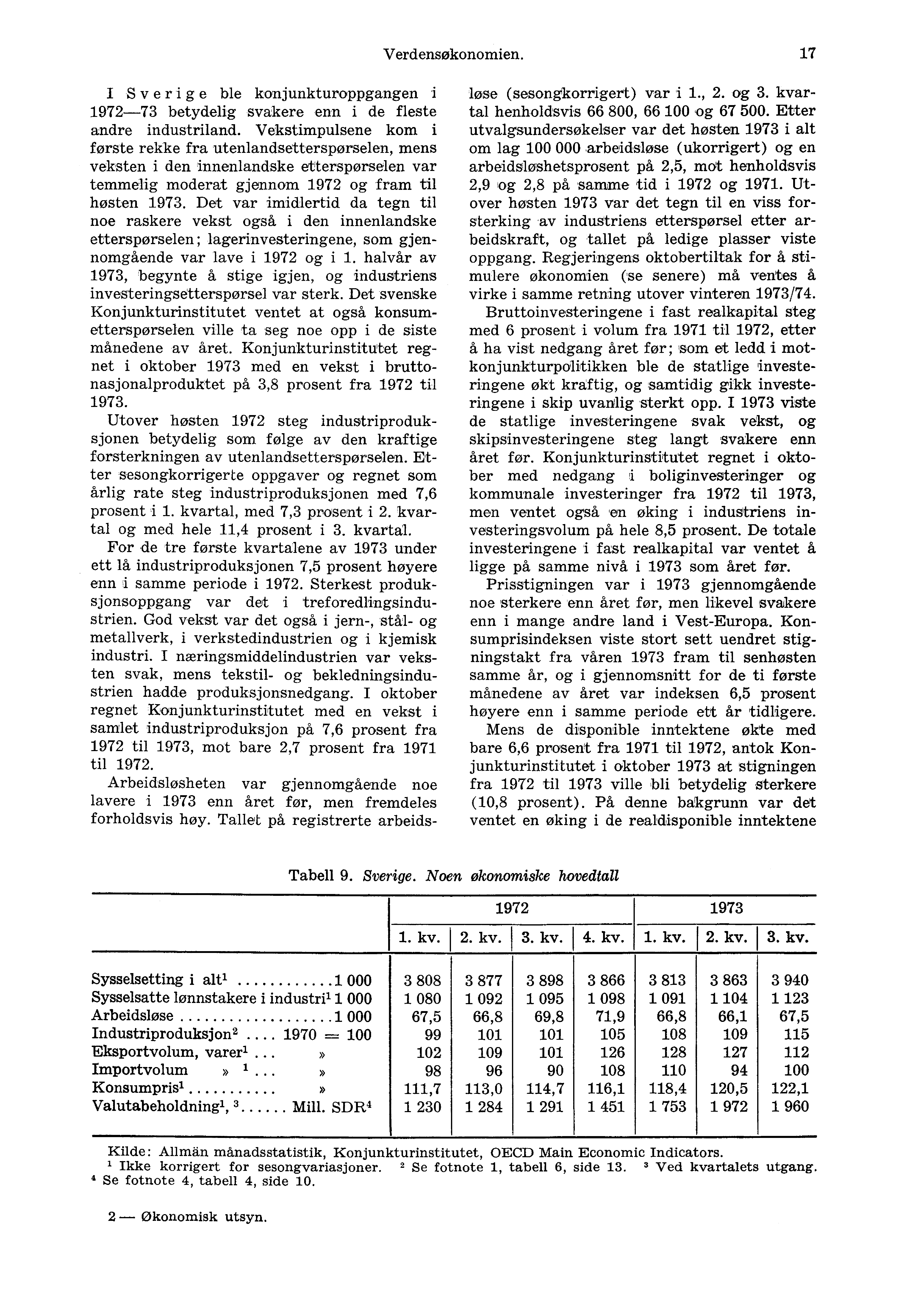 Verdensøkonomien. 17 I Sverige ble konjunkturoppgangen 1972-73 betydelig svakere enn i de fleste andre industriland.