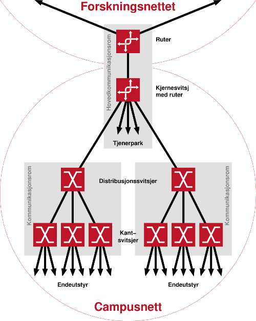 2 Kjernenettet I kjernenettet gjøres ruting, i større campusnett med en dynamisk rutingprotokoll som IS-IS eller OSPF. Redundant ruting fra campusnettet mot omverden gjøres med BGP.