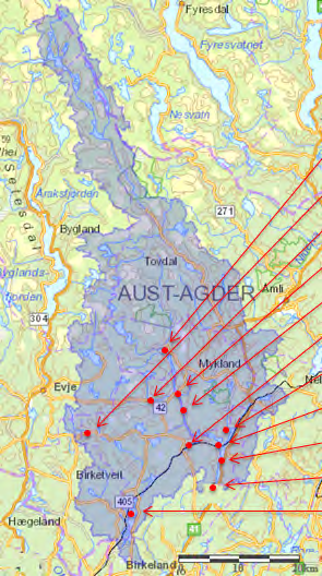 Figur 1. Tovdalsvassdraget nedbørfeltet til og med utløpet av Herefossfjorden Nedbørfeltet er 1600 km 2. (Kilde NVE, Nevina.