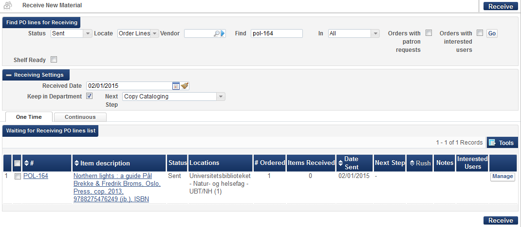 6) Ved å klikke Manage kommer en til skjermen Received Items List. Under Receive settings sjekk at Keep in Department er huket av og velg Copy cataloging eller Physical Processing.