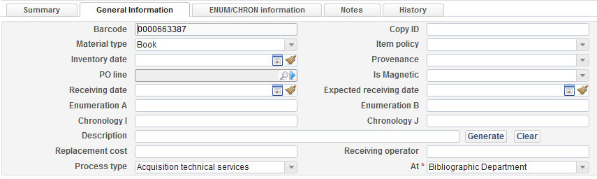 Ved å klikke Items og velge Actions > Edit i neste skjerm - ser en at Process type automatisk har fått status Acquisition technical services.