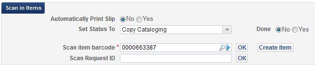 Velg status Copy Cataloging, skann inn strekkoden og klikk OK.