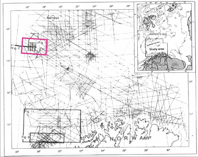 4. Diskusjon Figur 4.7.3: Studieområdet omtalt i Sættem (1994) er vist oppe i høyre hjørne. Lilla polygon angir plasseringen til figur 4.7.5A. Figur modifisert fra Sættem (1994).