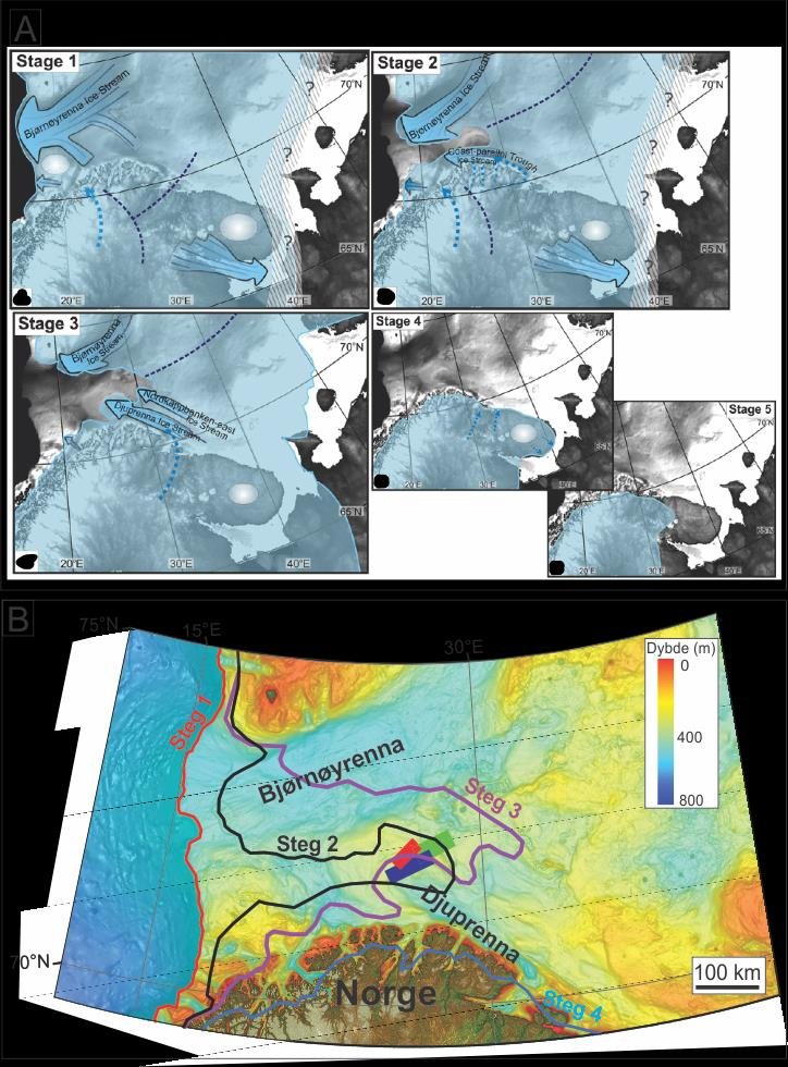 1. Innledning Figur 1.3.2A: 5 stegs modell fra Winsborrow et al. (2010). Blå transparent angir utbredelsen av isdekket for hver av de 5 stegene.