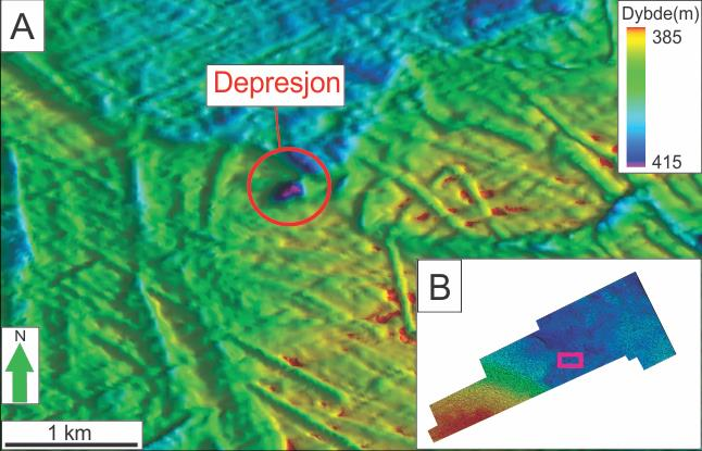 3. Resultater Figur 3.2.9A: Skygge-relieffkart av havbunnen som viser en depresjon. Denne depresjonen har form som en ellipse og diameteren er mellom 100-210 meter og dybden er ca 25 meter. B.